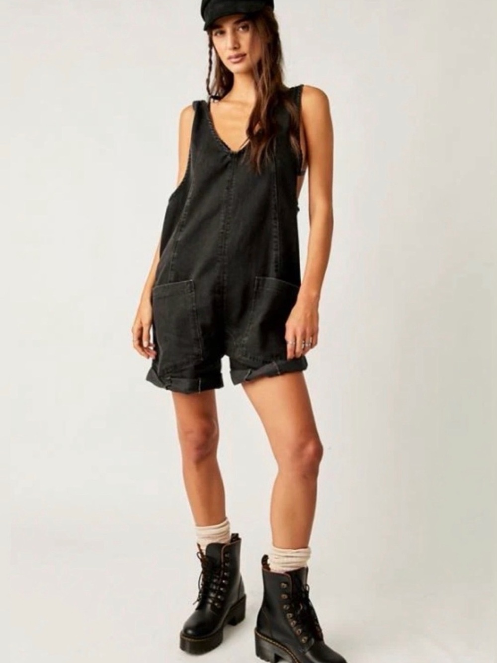 We The Free High Roller Black Shortall Black Denim Short Overalls